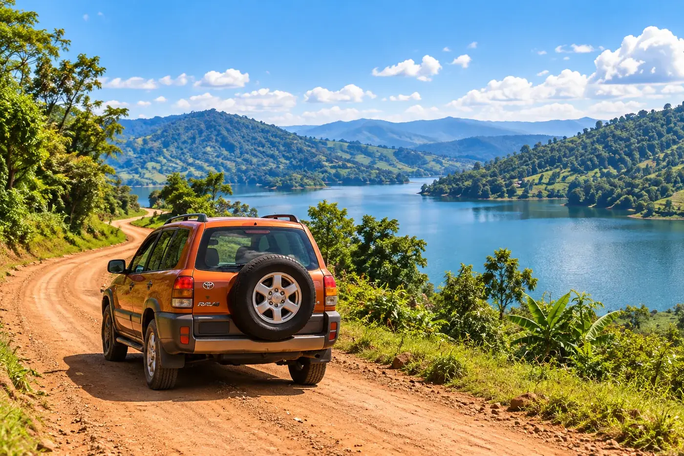 A self-drive car on a scenic lakeside road