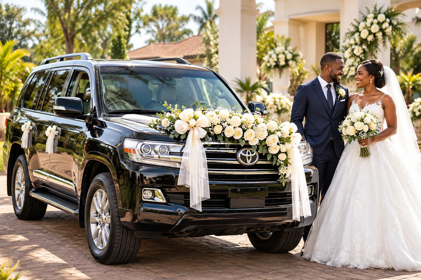 Bride and groom beside a decorated wedding vehicle