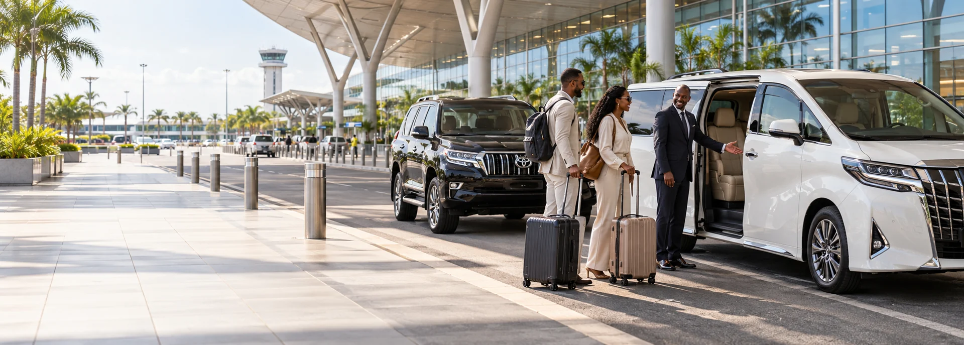 Chauffeur greeting travellers with luggage beside an airport transfer vehicle