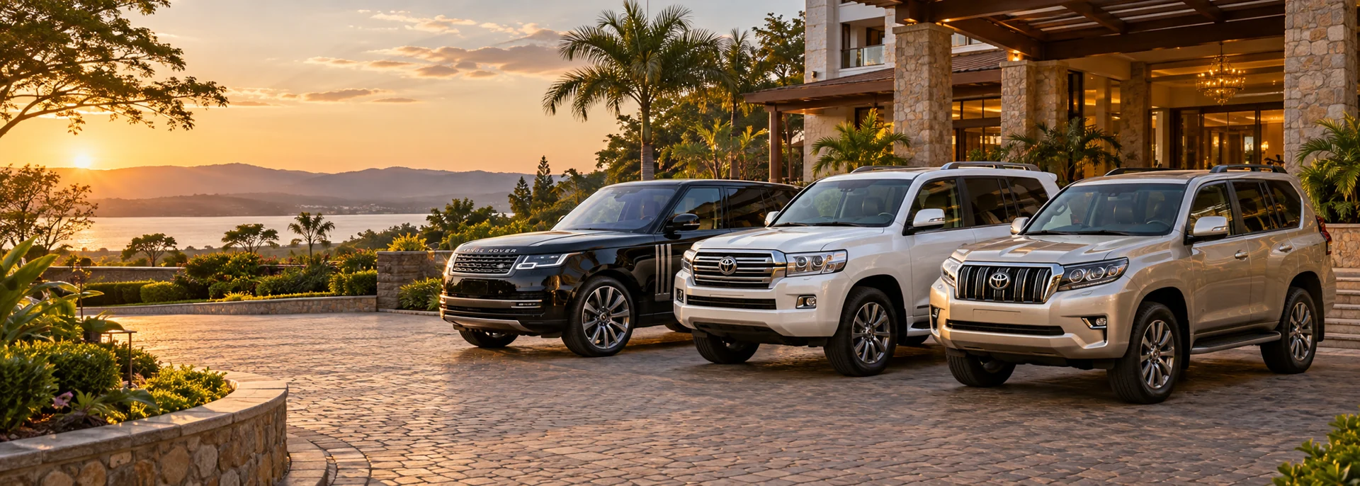 Range Rover, Land Cruiser V8 and Prado TXL in a hotel courtyard