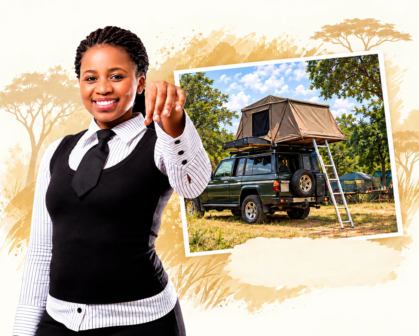Webstar rental representative holding car keys beside a rooftop-tent camping vehicle